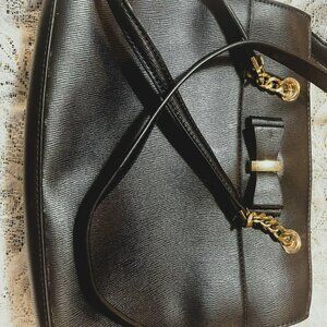 Mystique Black Vintage Shoulder Bag with Bow Gold Hardware 1990s